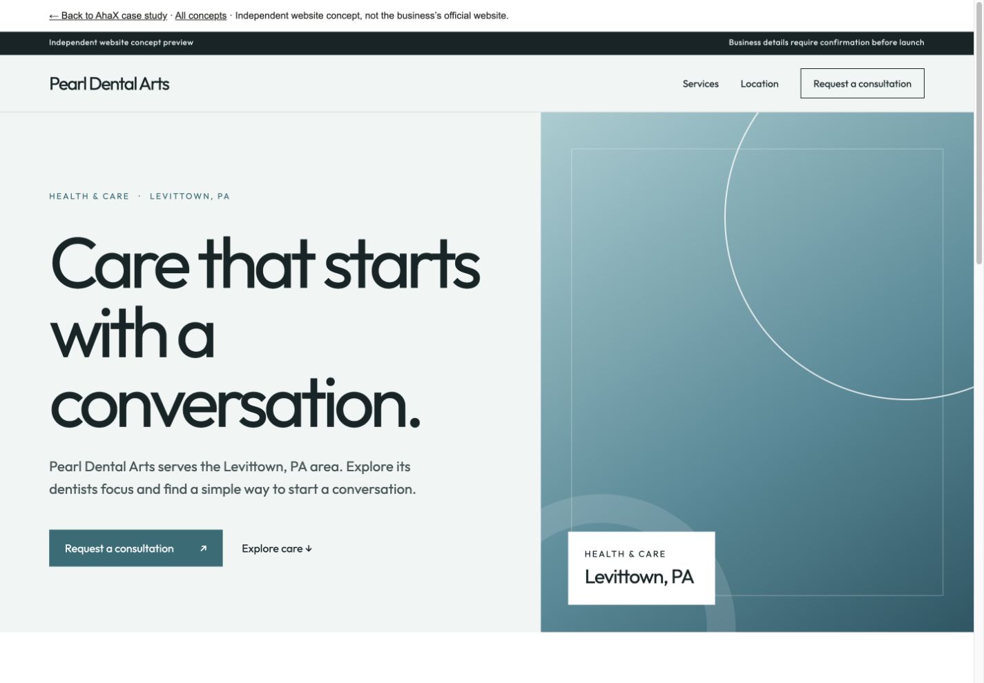 Pearl Dental Arts actual website concept screenshot
