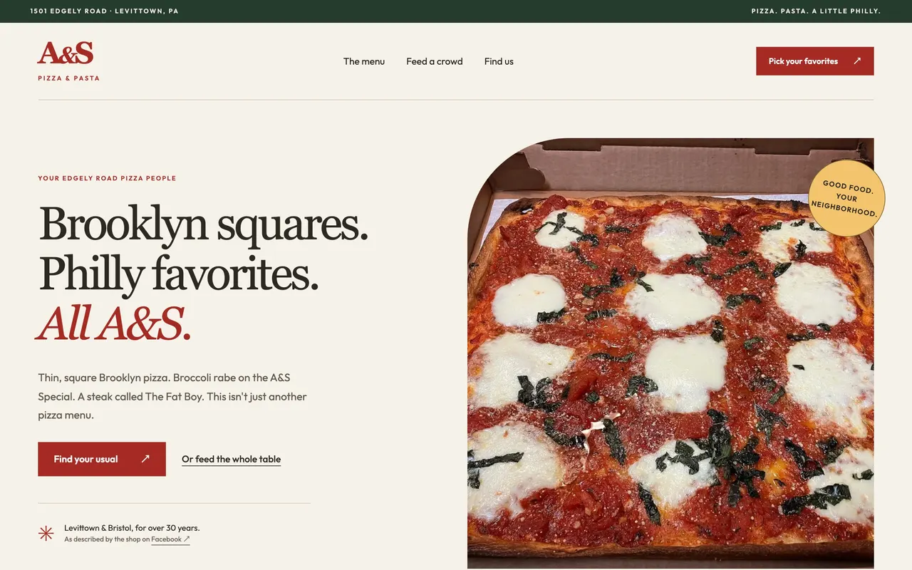 A & S Pizza & Pasta actual website concept screenshot