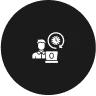 a black circle with white icons