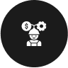 a black circle with white icons