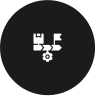 a black circle with white icons