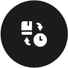 a black circle with white icons